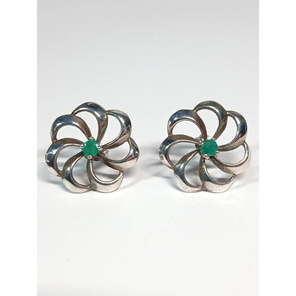 Emerald Sterling Silver Flower Fan Stud Earrings